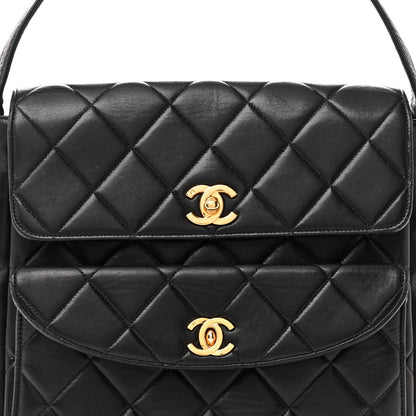 Lambskin Quilted Double Pocket Shoulder Bag Black