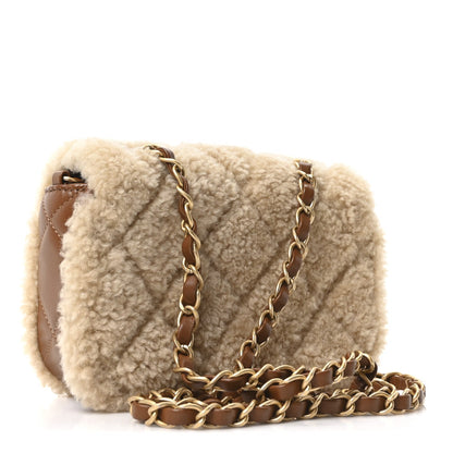 Shearling Lambskin Quilted Mini Furry Coco Flap Beige Dark Brown