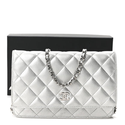 Metallic Lambskin Quilted Wallet On Chain WOC Silver