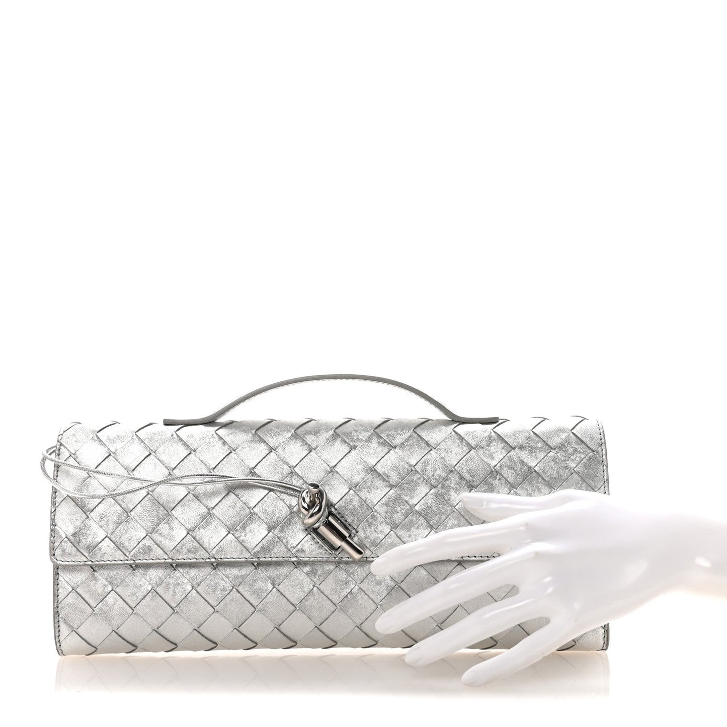 Metallic Lambskin Intrecciato Long Andiamo Top Handle Clutch Silver