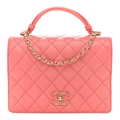 Lambskin Quilted Small Handle Tied Top Handle Flap Pink