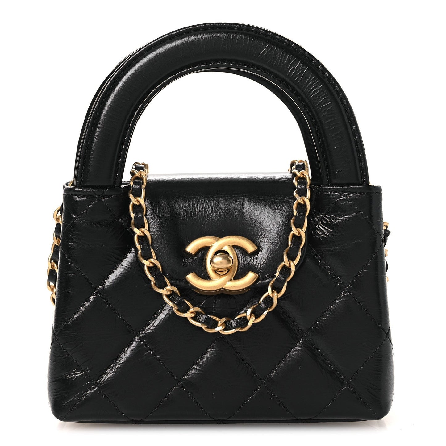 Shiny Aged Calfskin Quilted Mini Nano Kelly Shopper Black