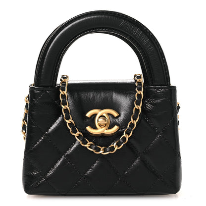 Shiny Aged Calfskin Quilted Mini Nano Kelly Shopper Black