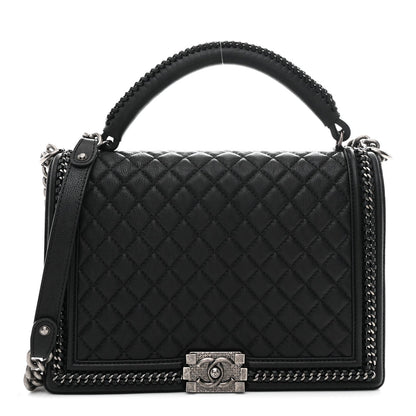 Calfskin Quilted Large Boy Top Handle Flap Black