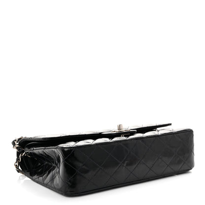 Glazed Calfskin Quilted Medium Double Flap Black