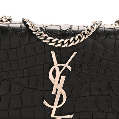 Calfskin Crocodile Embossed Small Classic Monogram Kate Tassel Satchel Black
