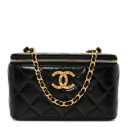 Shiny Lambskin Quilted CC Links Small Vanity Case With Chain Black