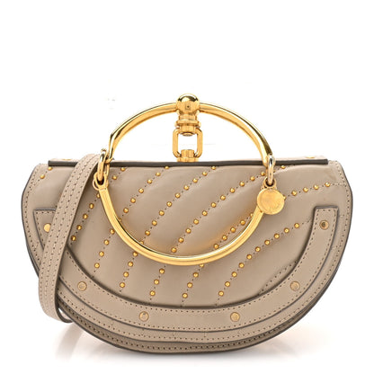 Calfskin Lambskin Quilted Studded Nile Bracelet Minaudiere Bag Pastel Grey