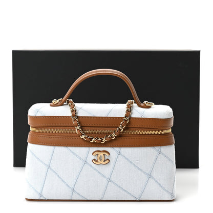 Washed Denim Calfskin Quilted Top Handle Slim Vanity Case With Chain Blue Brown