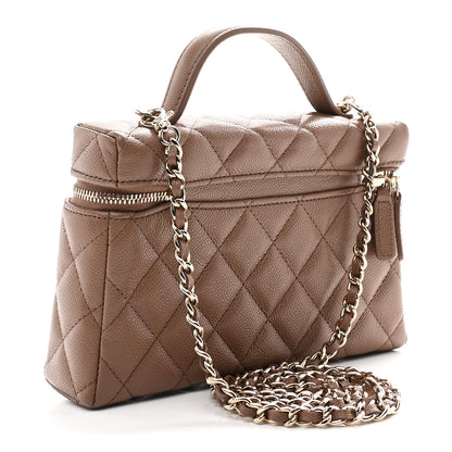 Caviar Quilted Top Handle Slim Vanity With Chain Dark Beige