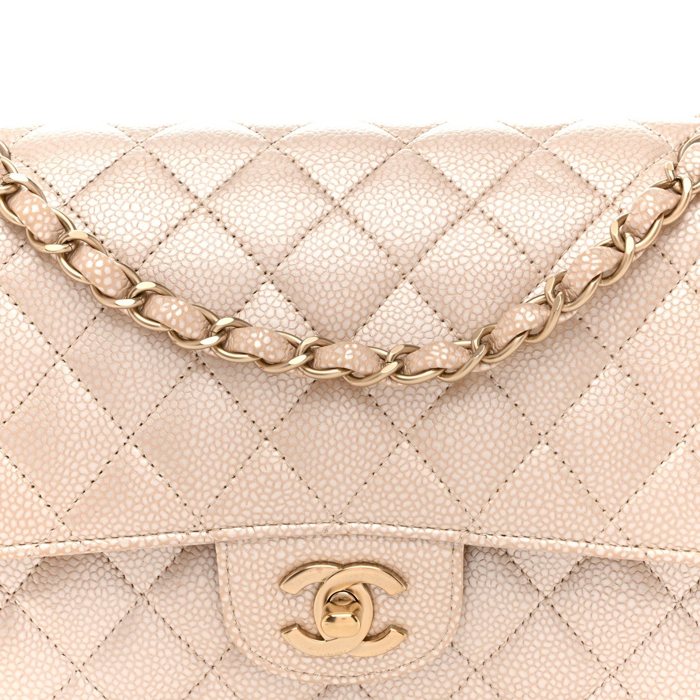 Pearly Caviar Quilted Medium Double Flap Light Beige