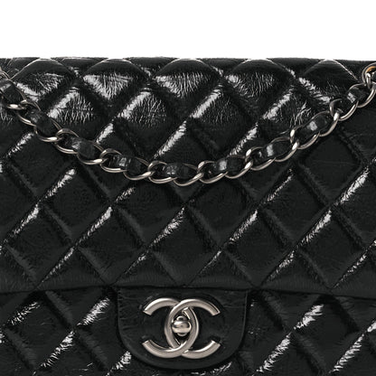 Distressed Patent Quilted Medium Double Flap Black