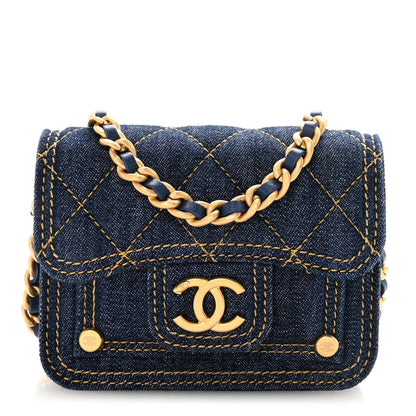 Denim Quilted Double You Card Holder On Chain Blue