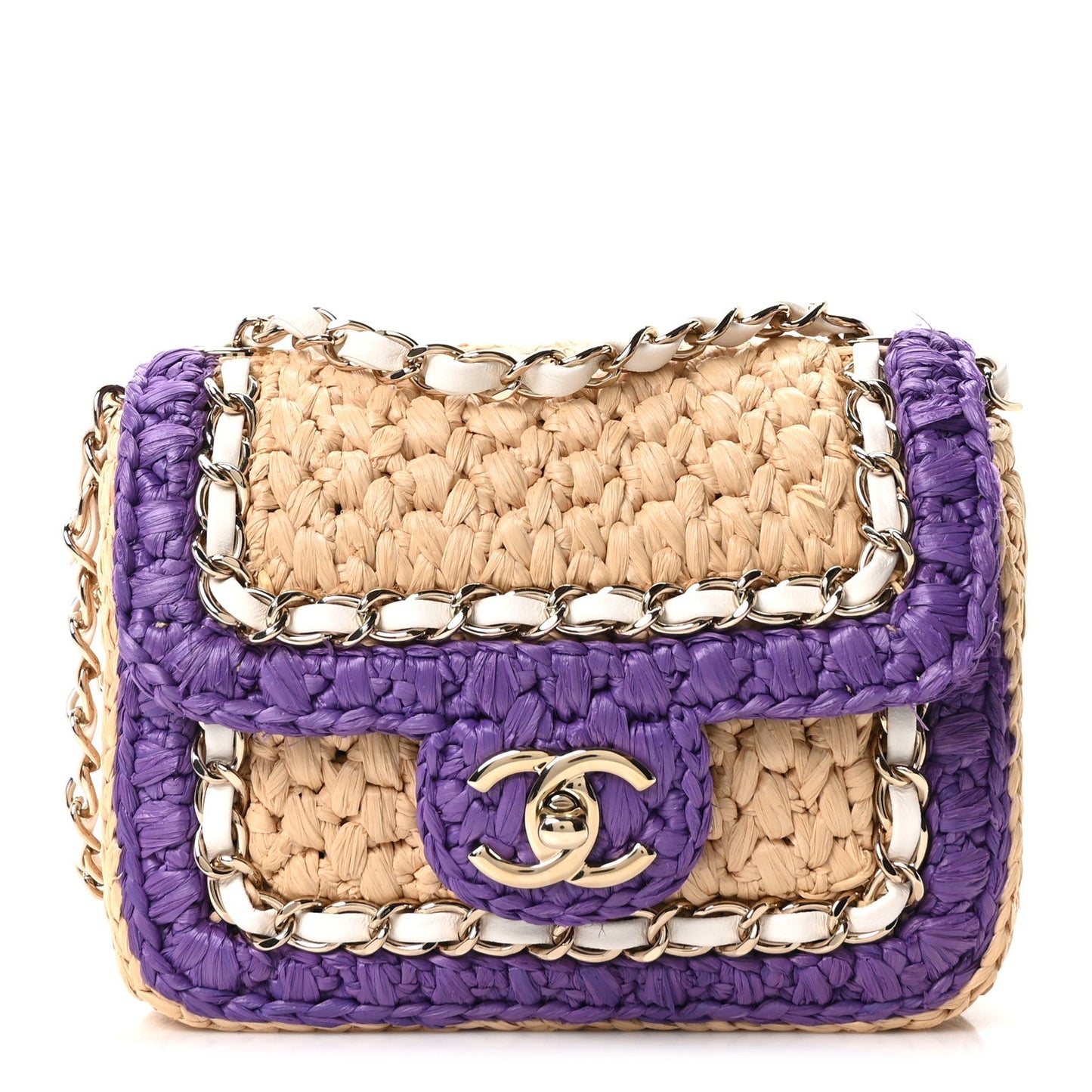 Raffia Chain Venice Beach Mini Flap Bag Beige Purple