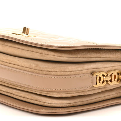 Shiny Calfskin Quilted Suede Goatskin Messenger Beige