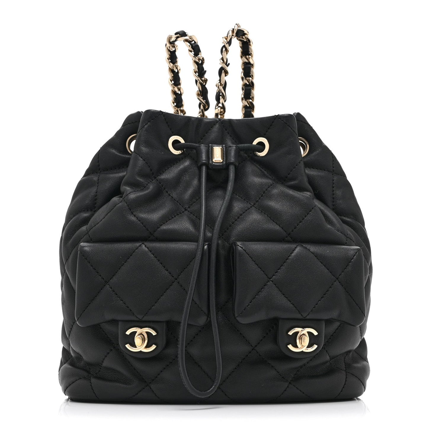 Lambskin Quilted Double Pocket Drawstring Backpack Black