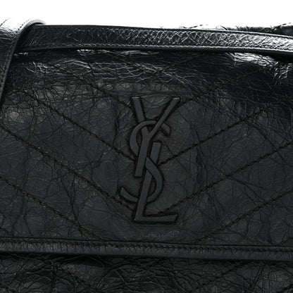 Crinkled Calfskin Matelasse Monogram Medium Niki Chain Satchel Black