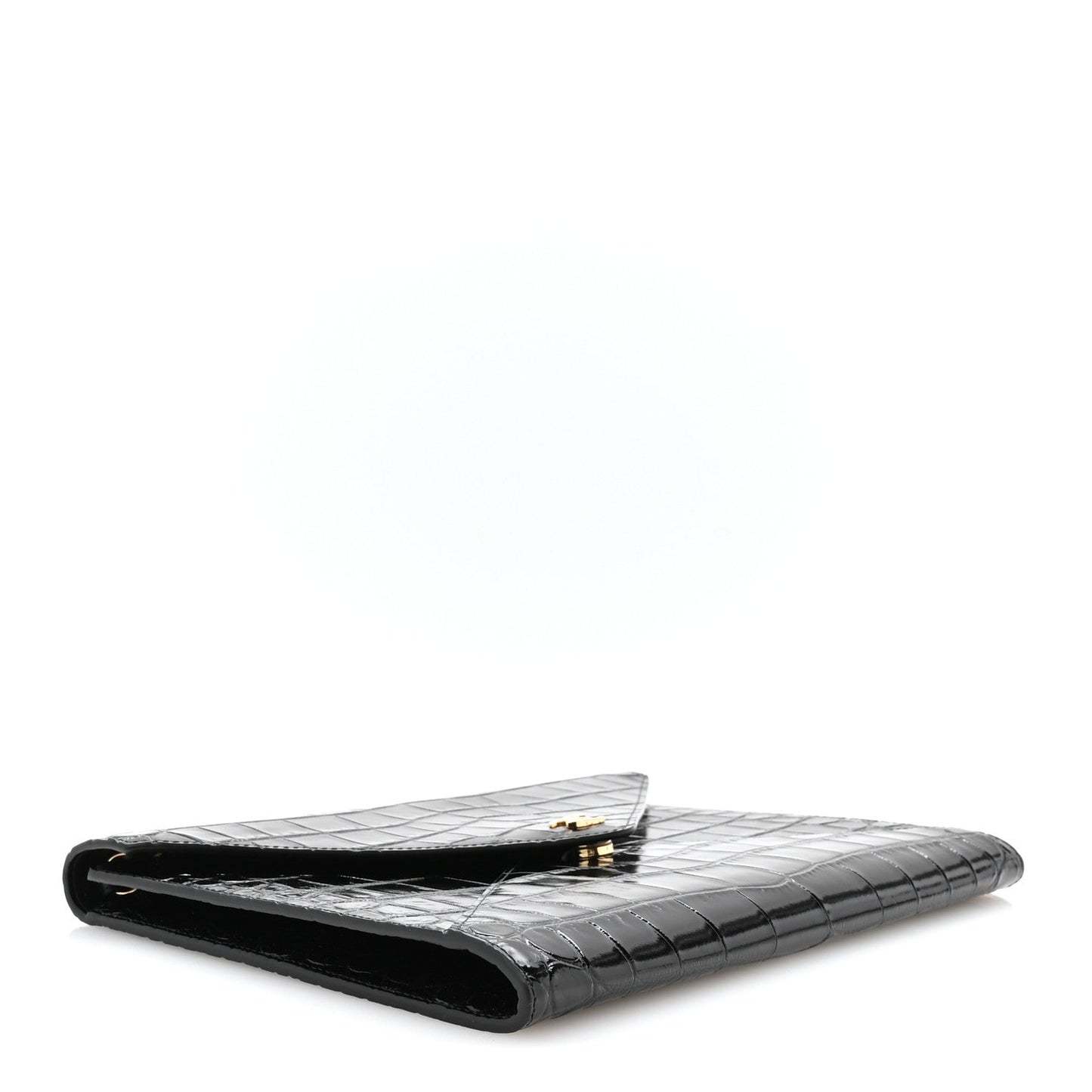 Calfskin Crocodile Embossed Croc Illusion Clutch With Chain Black