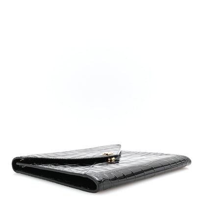 Calfskin Crocodile Embossed Croc Illusion Clutch With Chain Black