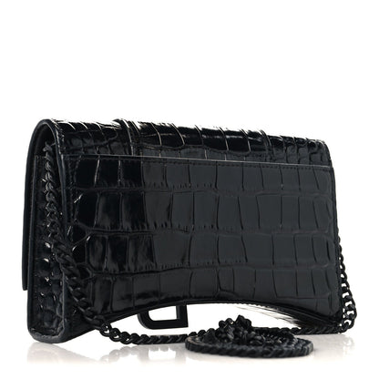 Shiny Calfskin Monochrome Crocodile Embossed Hourglass Chain Bag Black
