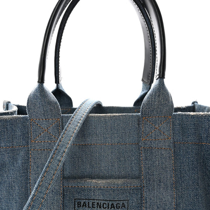 Washed Frayed Denim Logo Small Hardware Tote Blue
