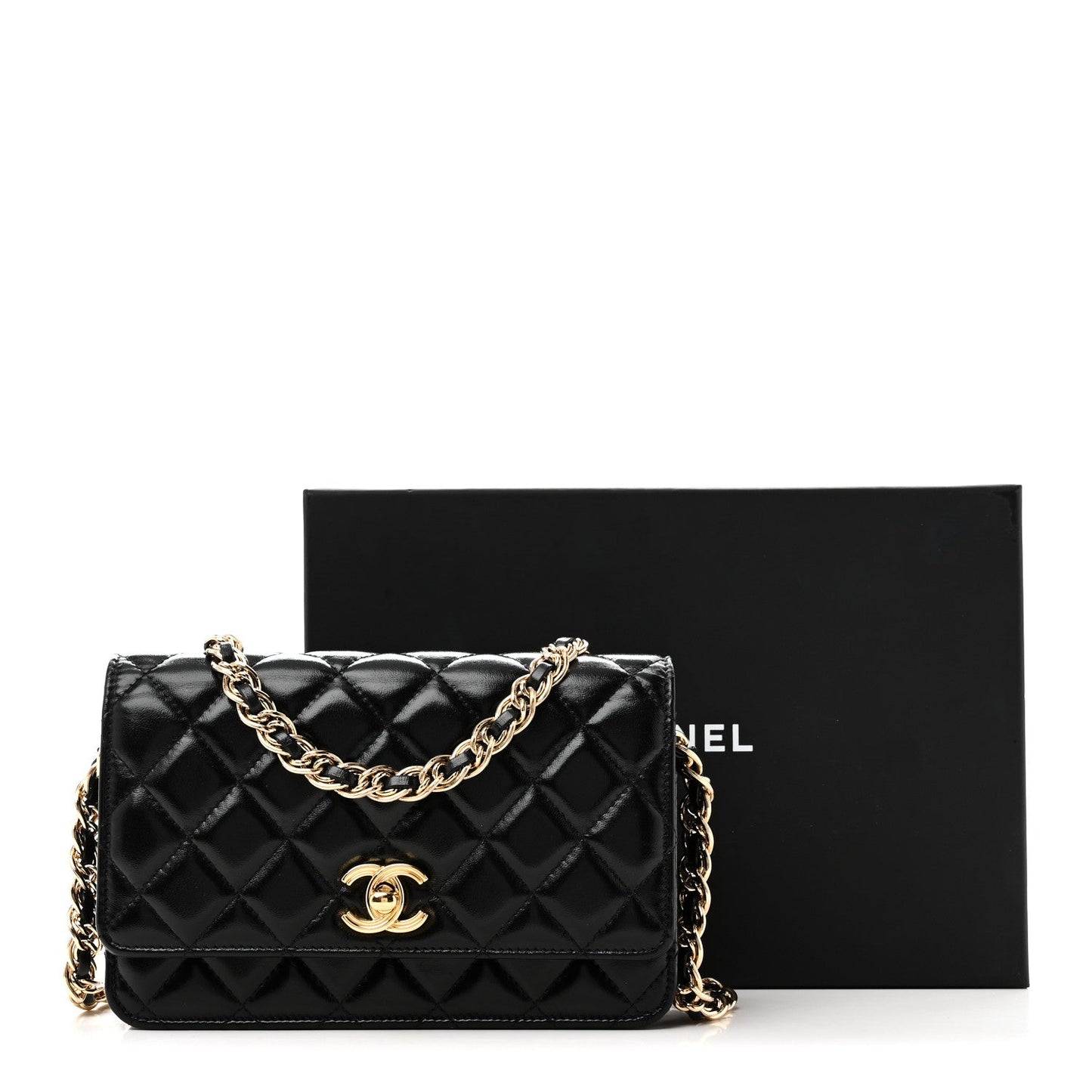 Shiny Lambskin Quilted Golden Links Wallet On Chain WOC Black