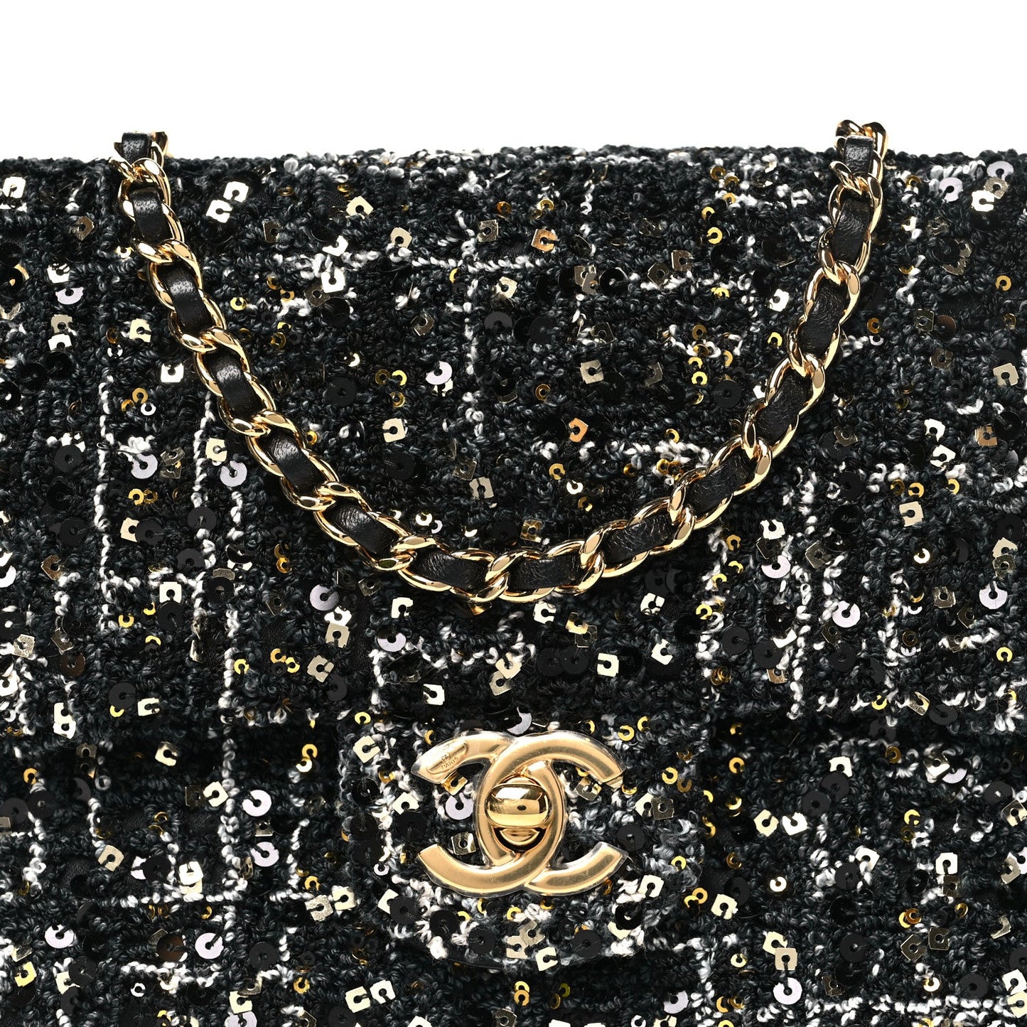 Tweed Sequin Small Single Flap Black Silvery Golden