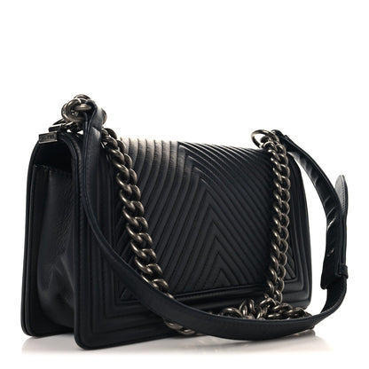 Calfskin Chevron Quilted Medium Chain Boy Flap Black