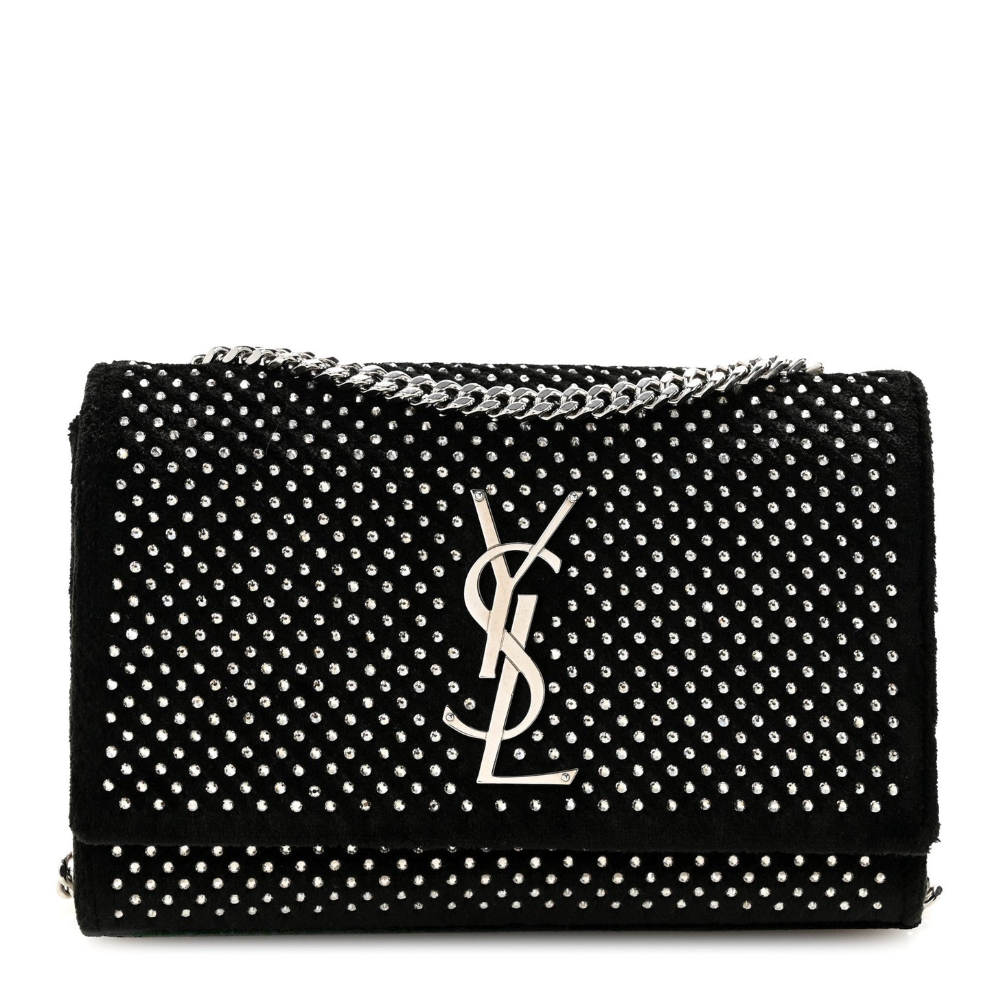 Velvet Crystal Studded Monogram Small Kate Satchel Black