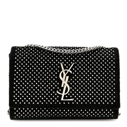 Velvet Crystal Studded Monogram Small Kate Satchel Black