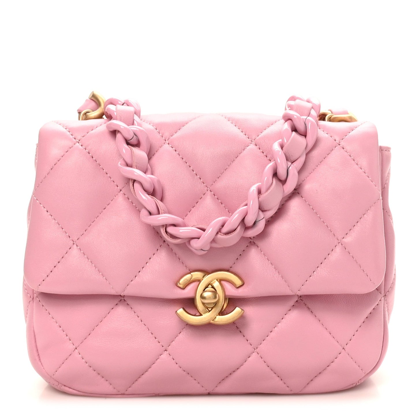Lambskin Quilted Mini Lacquered Chain Flap Pink