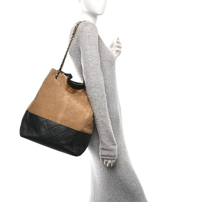 Suede Calfskin Shiny Lambskin Quilted Large Coco Base Shopping Bag Beige Black