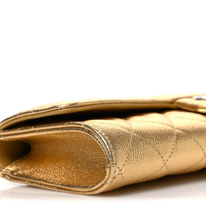 Metallic Caviar Quilted Top Handle Flap Clutch With Chain Gold
