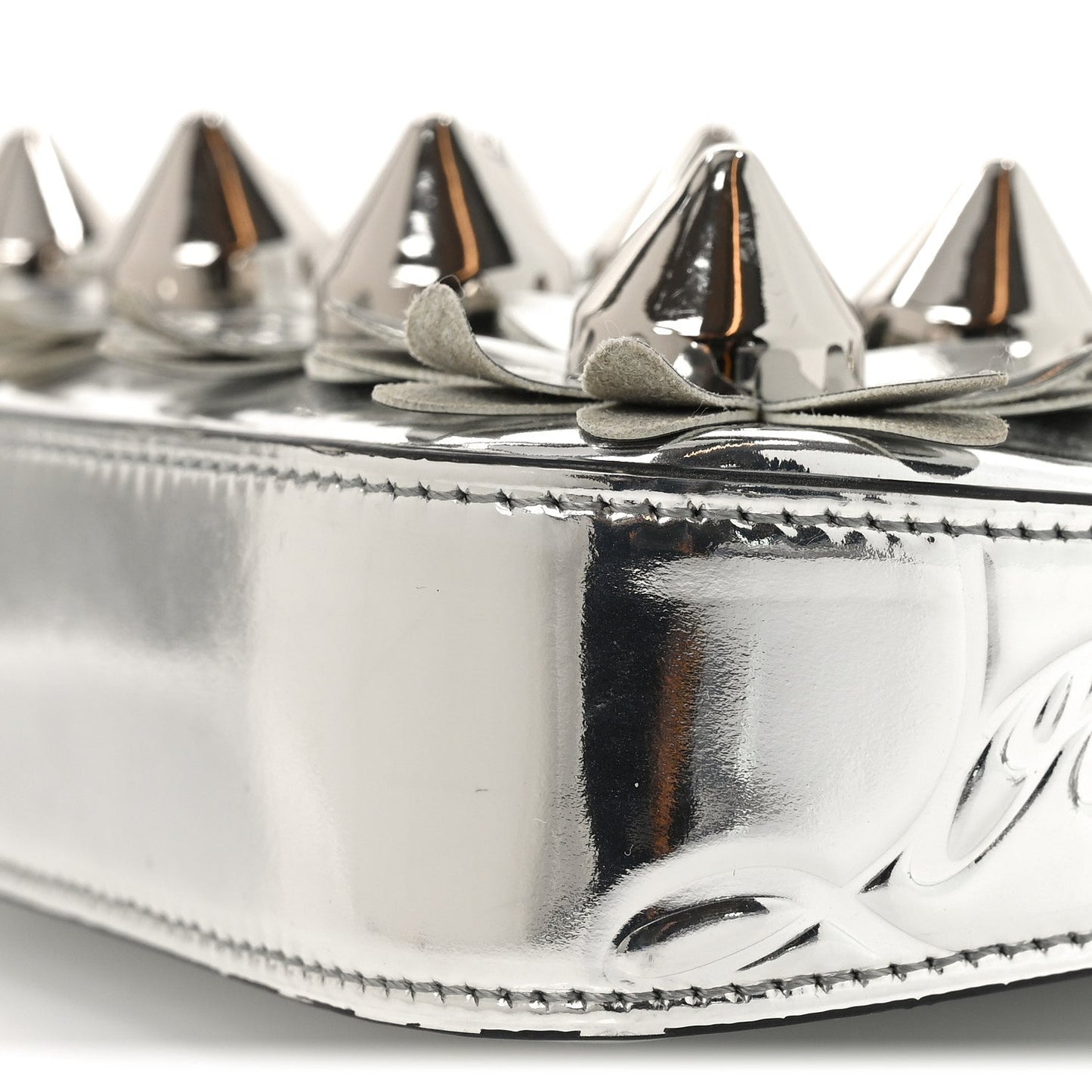 Metallic Patent Calfskin Flower Loubila Chain Clutch Silver