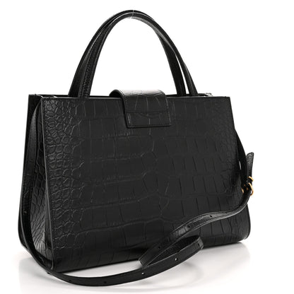 Calfskin Crocodile Embossed Medium Sharp Tote Black