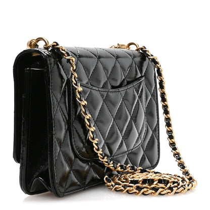 Shiny Crumpled Calfskin Quilted Precious Tie Wallet On Chain WOC Black