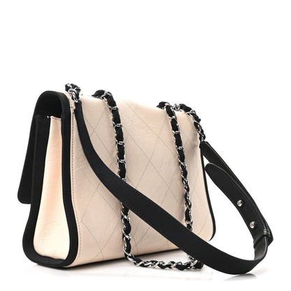 Aged Calfskin Grosgrain Quilted Chain CC Flap Ivory Black