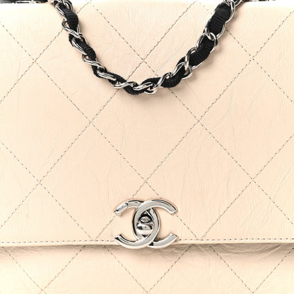 Aged Calfskin Grosgrain Quilted Chain CC Flap Ivory Black