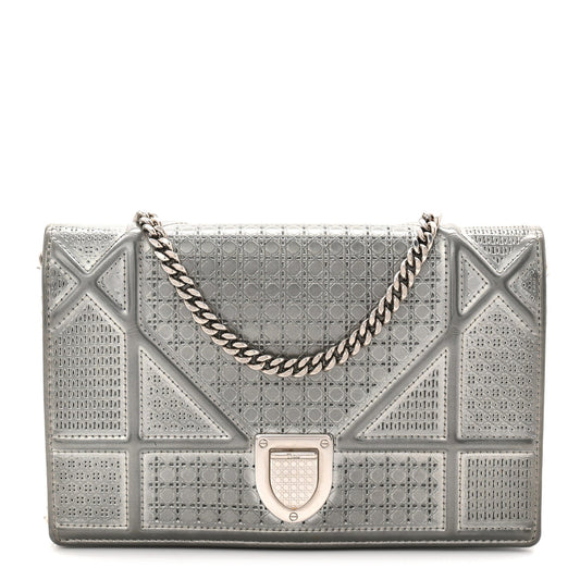 Metallic Patent Micro-Cannage Diorama Wallet on Chain Pouch Silver