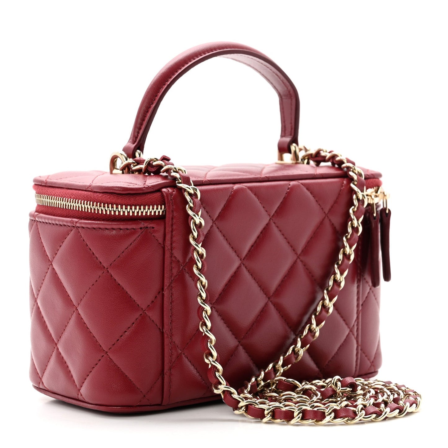 Lambskin Quilted Small Top Handle Vanity Case With Chain Burgundy