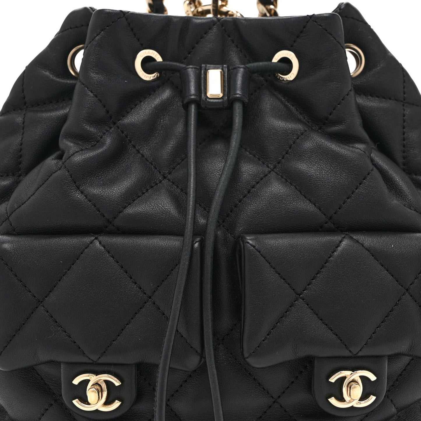 Lambskin Quilted Double Pocket Drawstring Backpack Black