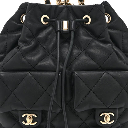 Lambskin Quilted Double Pocket Drawstring Backpack Black