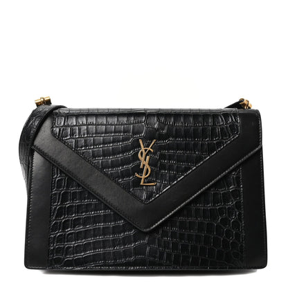 Calfskin Crocodile Embossed Gaby Satchel Black