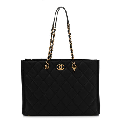 Caviar Quilted Chain Large Shopping Tote With Coin Purse Black