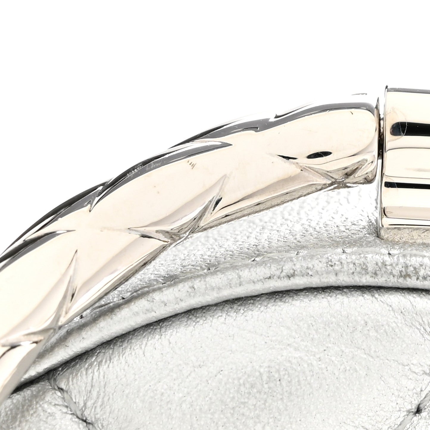 Metallic Calfskin Quilted Round Bracelet Clutch With Chain Silver
