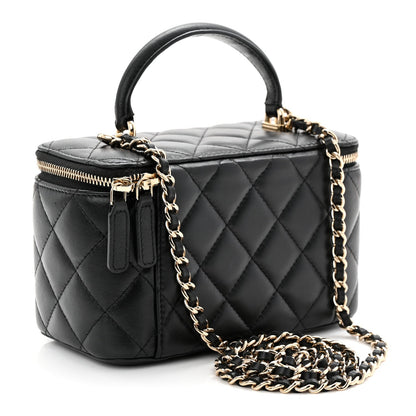 Lambskin Quilted Small Top Handle Vanity Case With Chain Black