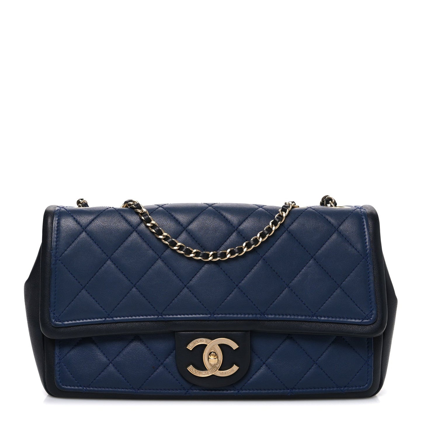 Calfskin Quilted Medium Graphic Flap Blue Black