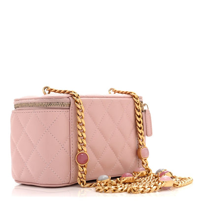 Caviar Quilted Pearl Enamel Small Vanity Case With Chain Light Pink