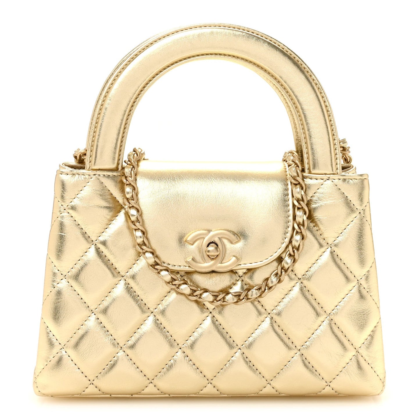Metallic Shiny Aged Calfskin Quilted Nano Kelly Shopper Gold