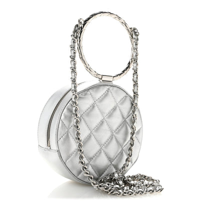 Metallic Calfskin Quilted Round Bracelet Clutch With Chain Silver